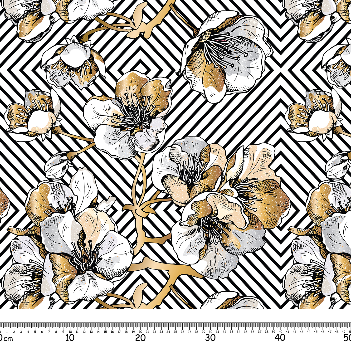 Seamless,Pattern,With,Gold,Flowers,Cherry,On,A,Black,Geometric