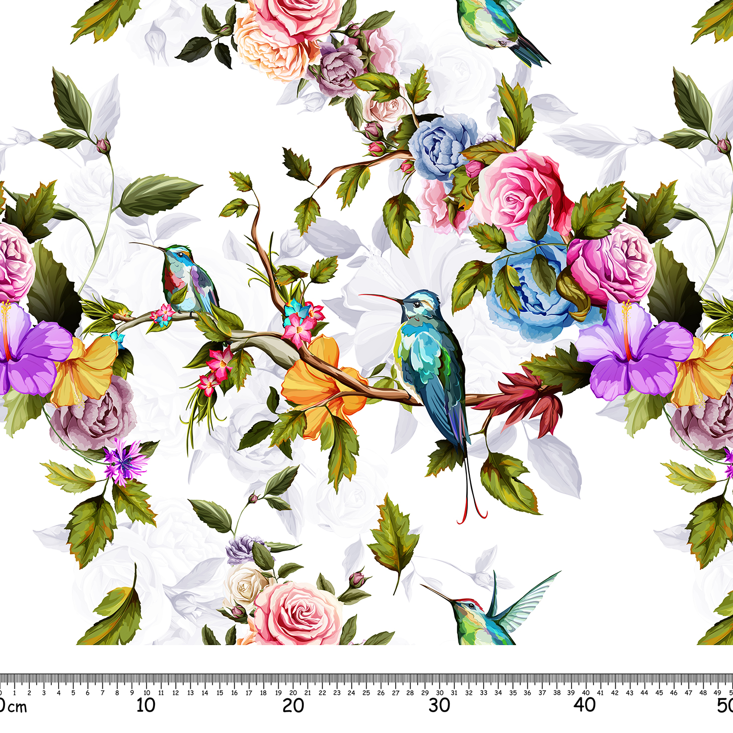 Humming,Bird,,Roses,,Peony,With,Leaves,On,White.,Watercolor.,Seamless