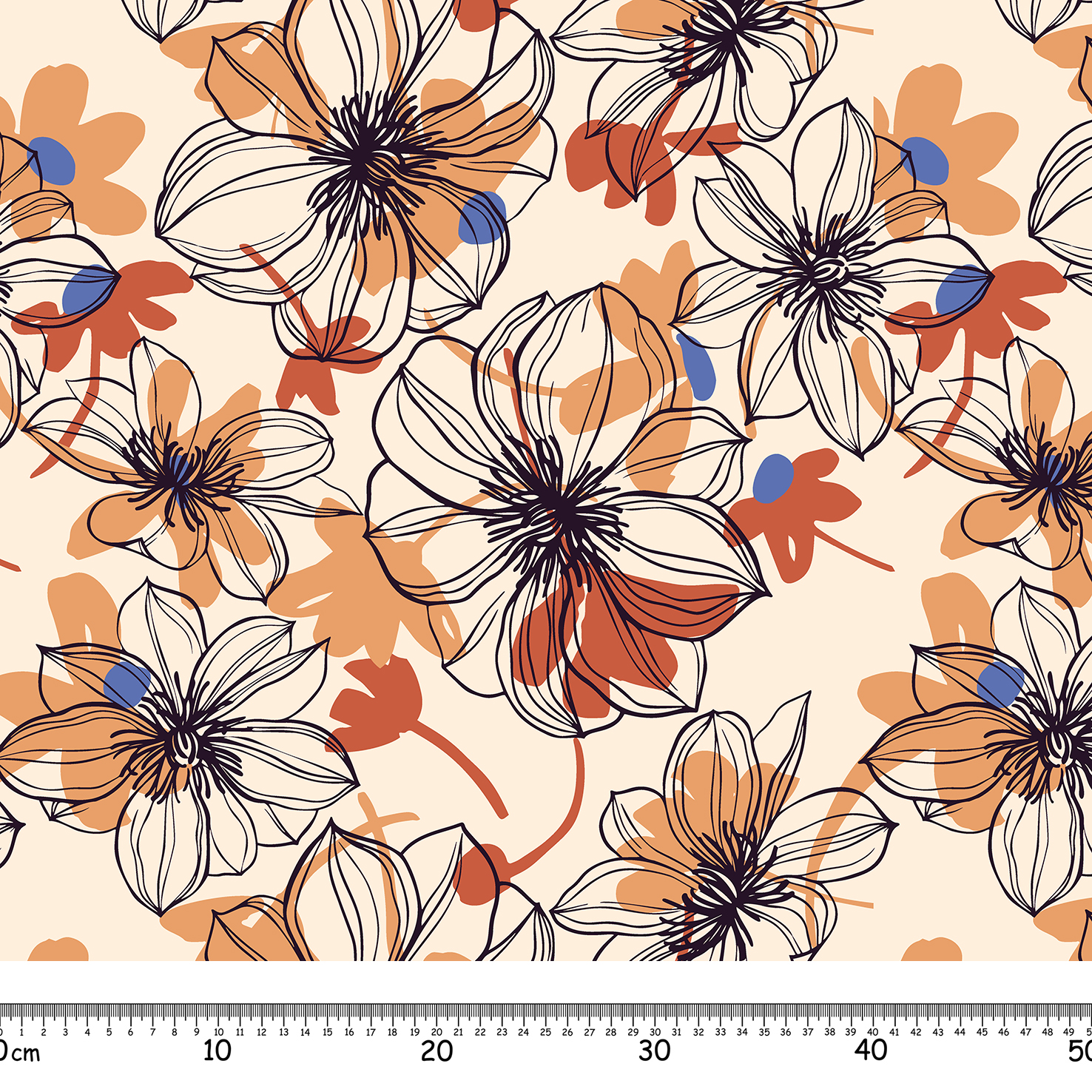 Floral background. Large flowers. Graphic line drawing. Botanical seamless pattern. Summer motif.